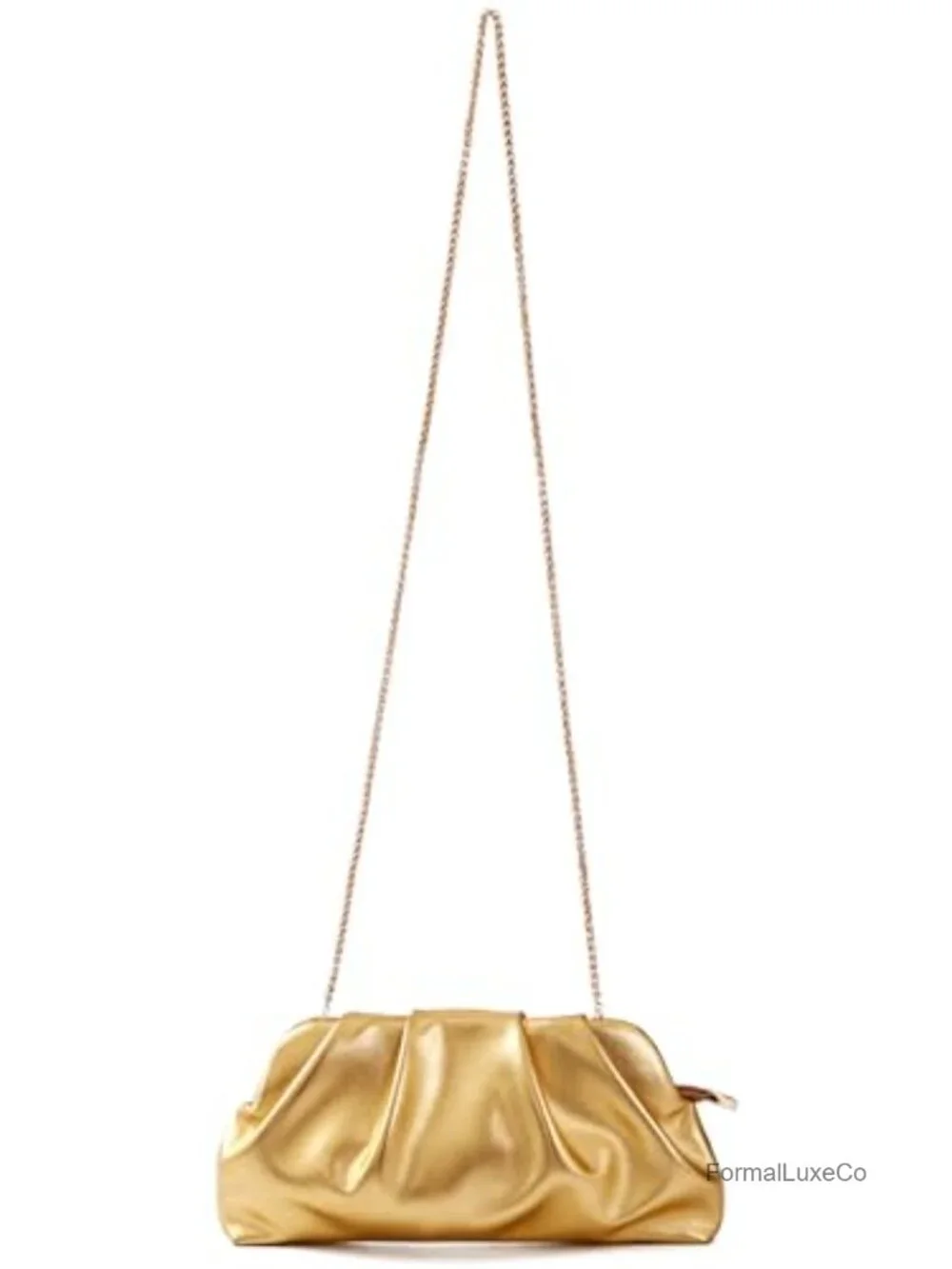 Ruched Metallic Faux Leather Clutch Purse with Detachable Chain Strap